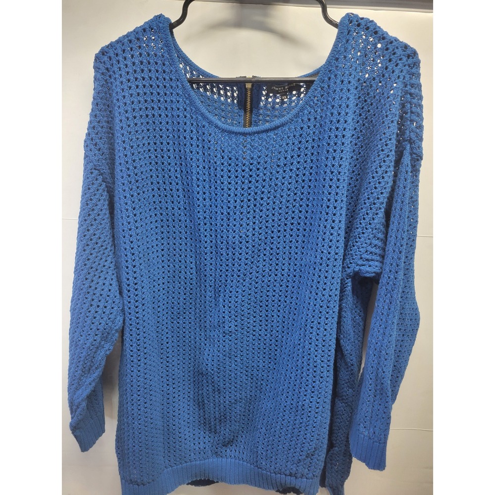 Jenne Pierre Woman Blue Open Knit 100% Cotton Back Zip Sweater Plus Size 3X